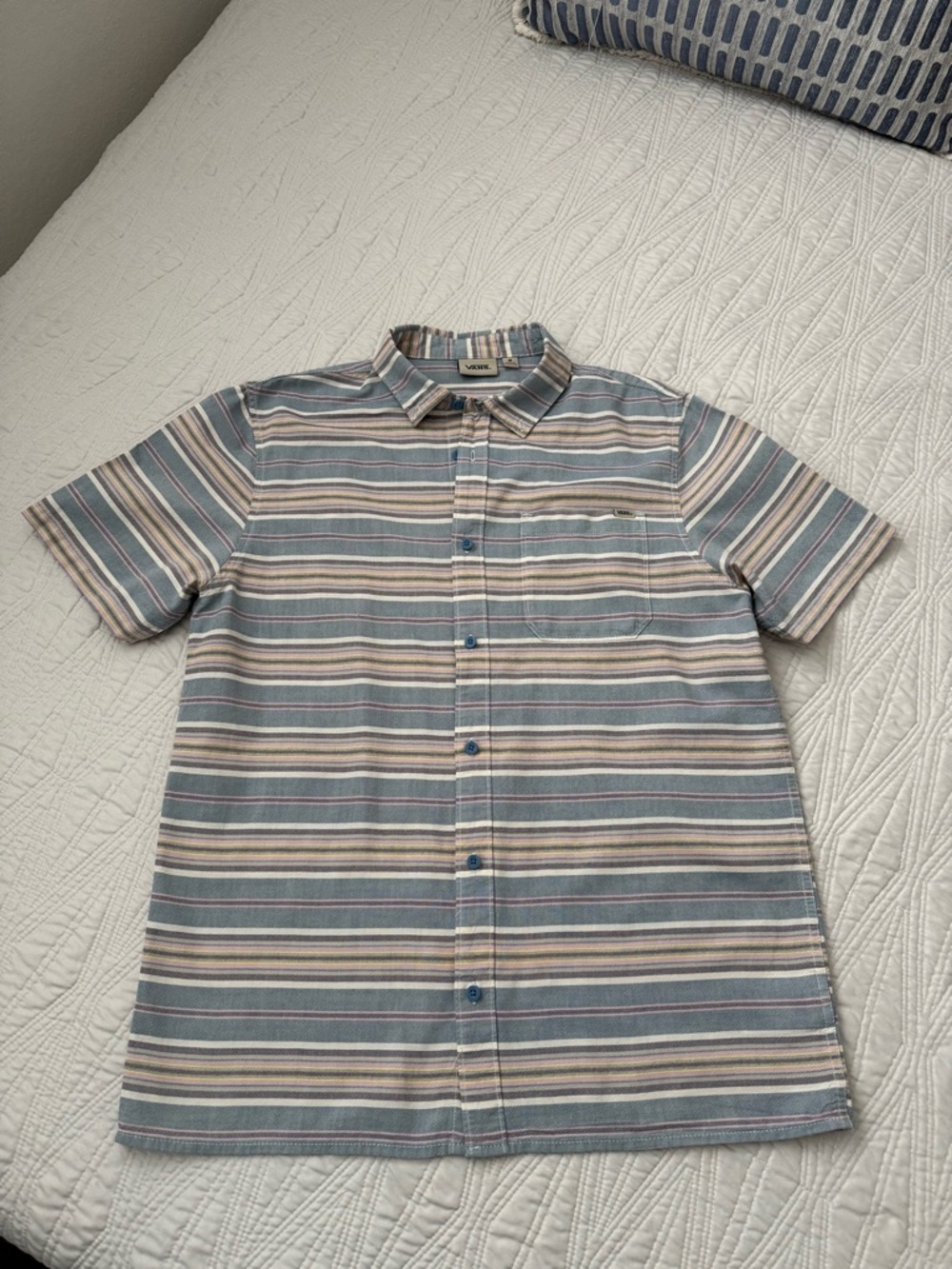 Vans Men's Light Blue & Cream Horizontal Stripe Short Sleeve Shirt